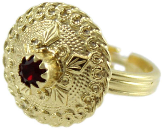 Anello sardo da donna a bottone con pietra rossa in argento dorato