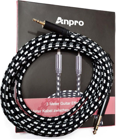 Anpro Cavo Audio Professionale 3mt Jack 3,5mm a 6,35mm per Strumenti Audio Telato Tastiere Oro