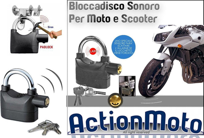 ANTIFURTO-SONORO-MOTO-SCOOTER-LUCCHETTO-BLOCCADISCO-ALLARME-IMPERMEABILE-110dBa