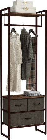Appendiabiti-da-Terra-con-Asta,-3-Cassetti-e-Ripiani,-in-Legno-MDF-e-Acciaio,-58.5x30x178-cm,-Marrone-JH3850-296V00RBJH3