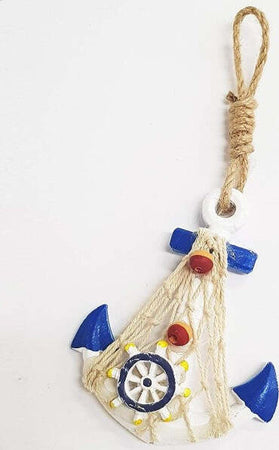 Appendino-Da-Parete-Ancora-Timone-Rete-Blu-Bianco-Shabby-Marino-Decorazione