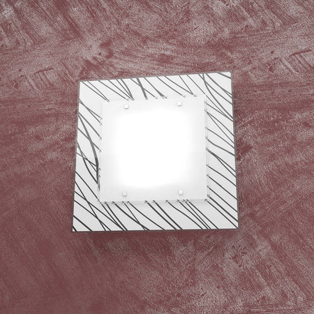 Applique-Contemporanea-Scraps-Metallo-Bianco-Vetro-Serigrafato-Nero-2-Luci-E27