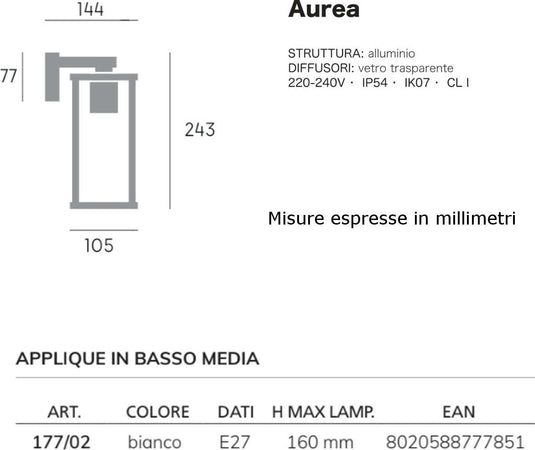 Applique-esterno-moderna-Sovil-AUREA-177-02-BIANCO-E27-LED-alluminio-vetro-lampada-parete