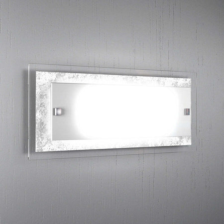 Applique-Moderna-Tray-Metallo-Bianco-Vetro-Foglia-Argento-2-Luci-E27