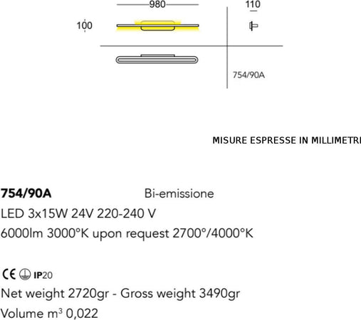 Applique-moderno-Cattaneo-illuminazione-TRATTO-754-90A-45W-LED-lampada-parete-biemissione-specchio-quadro-6000LM-3000°K-IP20