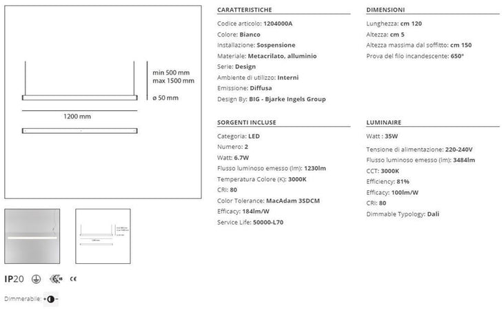 Artemide Alphabet of Light Linear 120 Lampada a Sospensione