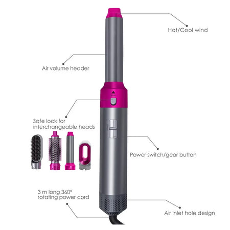 Asciugacapelli 5 In 1 Set Spazzole Capelli Pettine Ad Aria Calda Arricciacapelli
