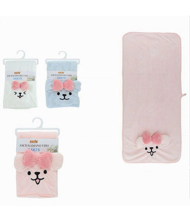 Asciugamano Viso 34 X 75cm Tessuto Morbido Cagnolina Fiocco Bagno 3 Colori 10741