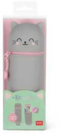 Astuccio 2 In 1 In Morbido Silicone Kawaii Gatto Kitty Legami Tombolino Portapenne Con Zip Grigio