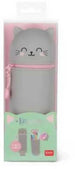 Astuccio 2 In 1 In Morbido Silicone Kawaii Gatto Kitty Legami Tombolino Portapenne Con Zip Grigio