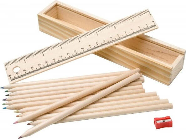 Astuccio-In-Legno-Con-12-Pastelli-Colorati-Temperino-Righello-Riga-Portapastelli