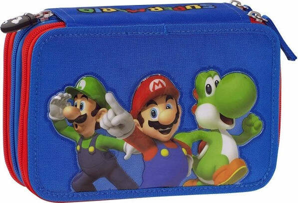 Astuccio-Scuola-Super-Mario-3-Scomparti-Zip-Completo-Di-Cancelleria-Pennarelli