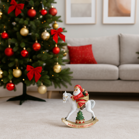 Babbo su cavallo a dondolo in poliresina con luci a batteria in scatola regalo