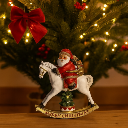 Babbo su cavallo a dondolo in poliresina con luci a batteria in scatola regalo