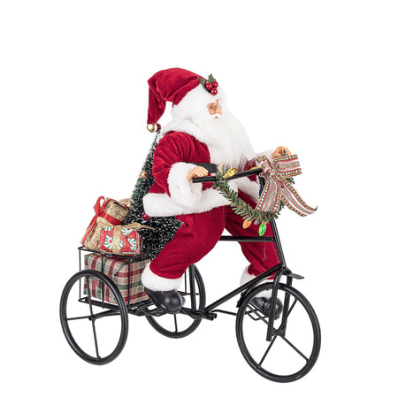 Babbo Natale con bici in poliestere e metallo color rosso decorazione natalizia