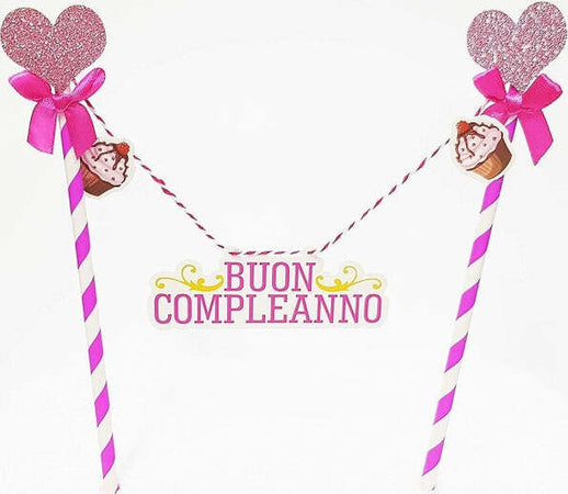 Bandierine-Cannucce-Torta-2-Pezzi-Rosa-Buon-Compleanno-Decorazione-Festa