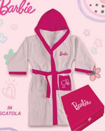 Barbie-Accappatoio-Bambina-Rosa-Logo-Barbie-Con-Scatola-100%-Cotone
