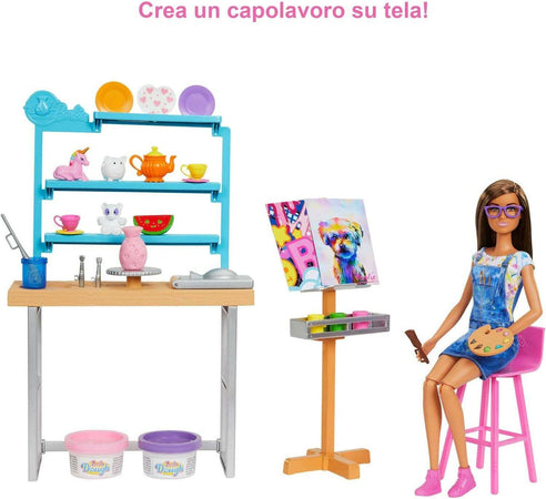 Barbie Relax And Create Atelier - Playset Con Bambola E Plastilina Per Vasi E Pittura - 25+ Accessori - Alta 29 Cm - Regalo Per Bambini 3-7 Anni, Hcm85 Mattel