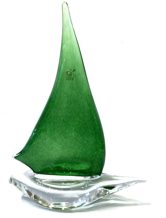 Barca a Vela Verde Scultura in Vetro Veneziano 29x21cm Opera di Artigianale in Vetro Di Murano Fatta a Mano 100% Venezia Made in Italy