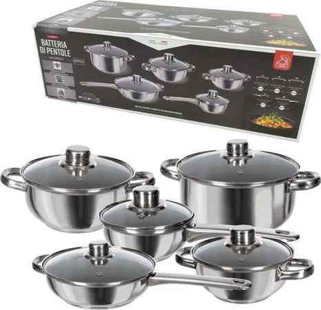 Batteria Di Pentole In Acciaio Coperchi In Vetro Temperato 10 Pz Valvola Sfiato Casa e cucina/Pentole padelle e pirofile/Pentole e padelle/Set/Set di pentole Trade Shop italia - Napoli, Commerciovirtuoso.it