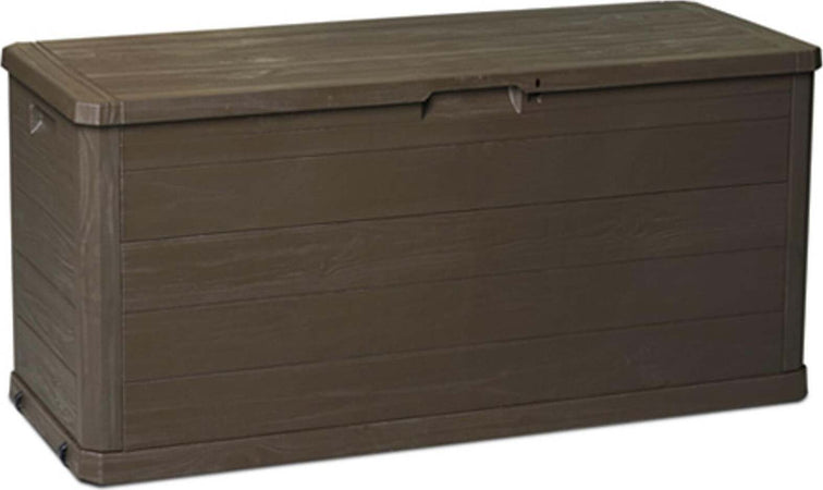 Baule in resina cassapanca multiuso da esterno con ruote lt 280 effetto Legno 117 cm Giardino e giardinaggio/Organizzazione esterni e alloggiamento/Bauli e contenitori Decor Space - Altamura, Commerciovirtuoso.it