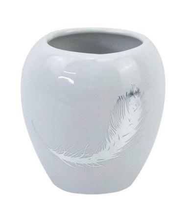 Bicchiere Portaspazzolini Ceramica Bianca Decorato Con Piuma Argento Bagno 59899