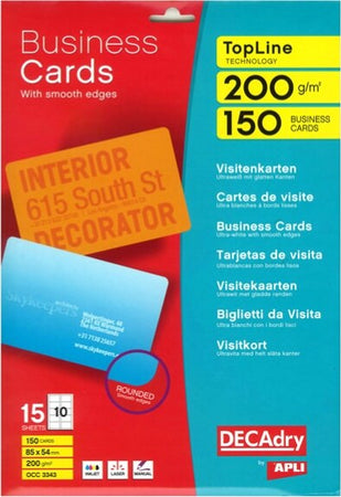 Biglietti da visita - 85 x 54 mm - 200 gr - angoli tondi - bordo liscio - bianco - Decadry - conf. 15 fogli da 10 biglietti Cancelleria e prodotti per ufficio/Carta blocchi e quaderni/Carta/Carta per fotocopiatrici e stampanti/Carta per fotocopiatrice e multiuso Eurocartuccia - Pavullo, Commerciovirtuoso.it
