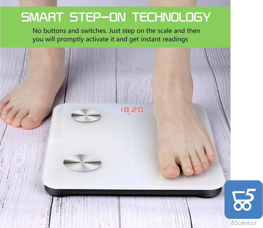 Bilancia Pesapersone Digitale Professionale Impedenziometrica Senza Fili Intelligente per IOS e Android Integrata con 13 Indici di Misurazione Massa Grassa, Massa Magra e Metabolismo Basale - Confezione Rovinata