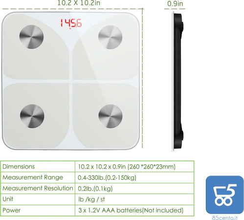Bilancia Pesapersone Digitale Professionale Impedenziometrica Senza Fili Intelligente per IOS e Android Integrata con 13 Indici di Misurazione Massa Grassa, Massa Magra e Metabolismo Basale - Confezione Rovinata