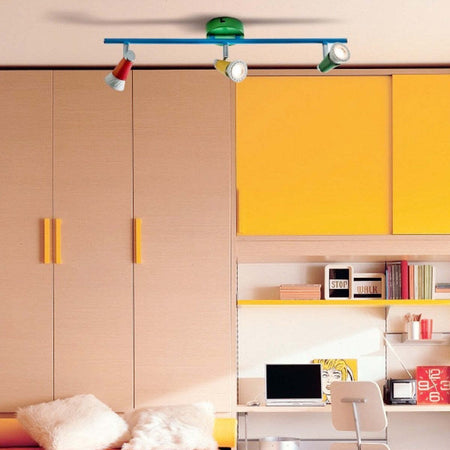 Binario-Illuminando-KOLOR-3-GU10-LED-faretti-colorati-orientabile-snodabile-metallo-verde-rosso-azzurro-interno