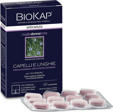 BIOKAP-Anticaduta-Miglio-Donna-Forte,-Trattamento-capelli-e-unghie-specifico-per-le-donne,-Per-capelli-e-unghie-fragili,-Integratore-capelli-senza-glutine,-60-Compresse