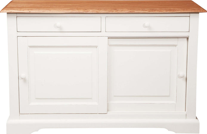 Biscottini-Credenza-Country-in-legno-massello-di-tiglio-struttura-bianca-anticata-piano-finitura-naturale-L142xPR50xH90-cm.-Made-in-Italy