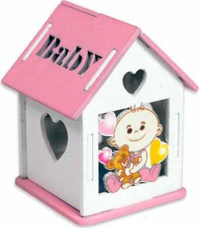 Bomboniera-In-Legno-Casetta-Con-Tetto-Apribile-Per-Nascita-Battesimo-Bimba-Rosa