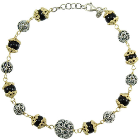 Bracciale donna argento bicolore con sfere filigrana traforate e onice su coccu