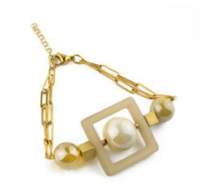 Bracciale Donna in Vetro Di Murano Avorio Bijou Fashion Artigianale Made in Italy Bracciale Chiusura Gancetto 19,5 Cm Con Perle Realizzate a Mano