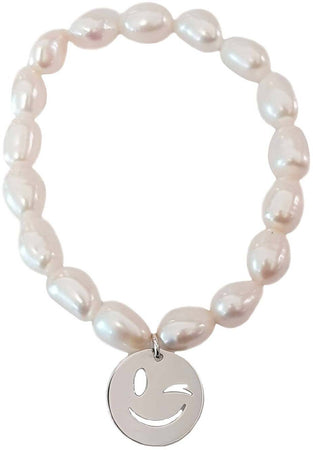 Bracciale elastico con perle Nihama con faccina emoticon smile in Argento 925 Braccialetto per Lei