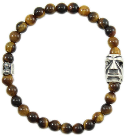 Bracciale elastico maschera sarda Mamuthones in argento e occhio di tigre