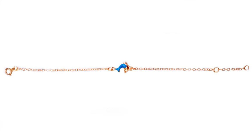 Bracciale neonato -bimbo in Oro Giallo 18 kt con Delfino Azzurro Braccialetto Bambina 14cm. Porta Fortuna Regalo Nascita