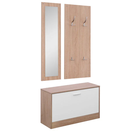 Mobile Ingresso Completo 3 Pezzi con Panca Scarpiera, Appendiabiti, Specchio Legno Bianco, Set Arredo Entrata Salvaspazio, con scarpiera 80 kg, e appendiabiti 30 kg. Marca: HOMCOM