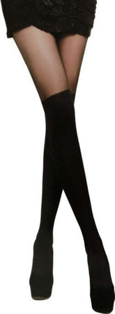 Calze-Collant-Donna-Nere-Effetto-Doppio-Parigine-Lingerie-Sopra-Ginocchio
