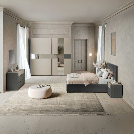 Camera da letto Tania in grigio e talco con armadio 2 ante scorrevoli con specchi e letto contenitore Napoli grigio