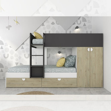 Cameretta con letto a castello con cassettoni e armadio reversibile colore rovere e antracite