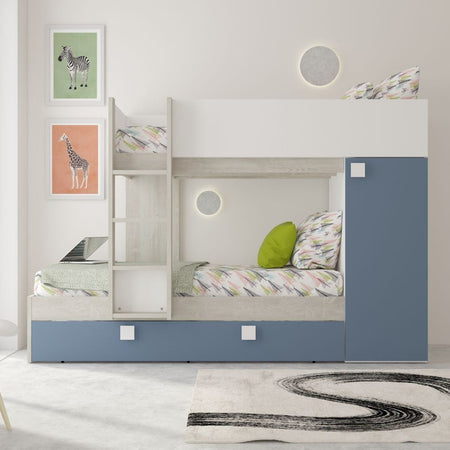 Cameretta con letto a castello e letto estraibile con armadio integrato colore bianco consumato e azzurro reversibile