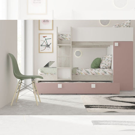 Cameretta con letto a castello e letto estraibile con armadio integrato colore bianco consumato e rosa antico reversibile