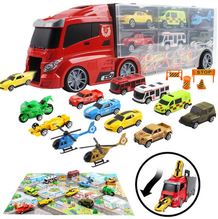 Camion Bisarca Porta Auto con 6 Macchinine Giocattolo Bambini con Mappa Gioco