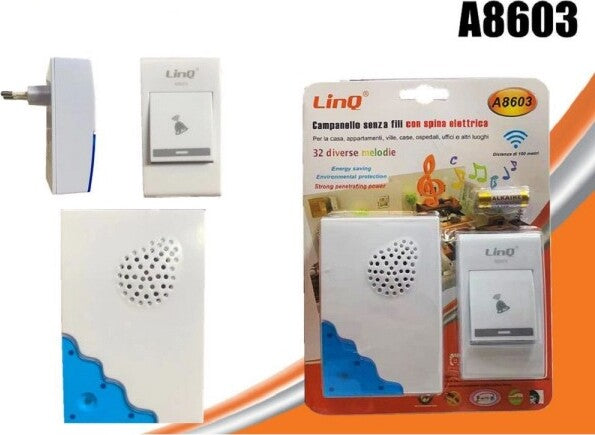 Campanello-Wireless-Spina-Elettrica-Senza-Fili-32-Melodie-Casa-A8603-Distanza-100mt