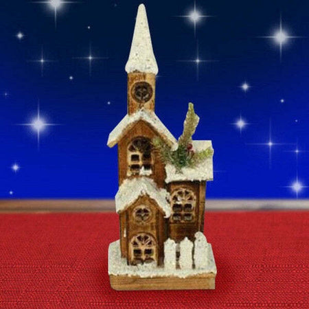 Campanile-Legno-Innevato-Con-Luci-Gialle-Altezza-41-Cm-Decorazioni-Natalizie