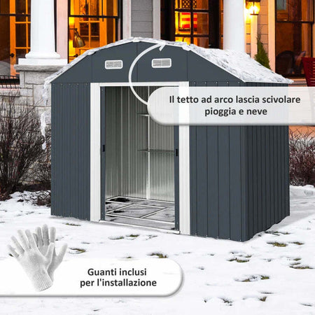 Capanno-Porta-Attrezzi-con-Ripiani-Regolabili-e-2-Finestre,-in-Acciaio-Zincato,-238x132x198.5-cm,-Grigio-Scuro-LK584H-114V00CGLK5