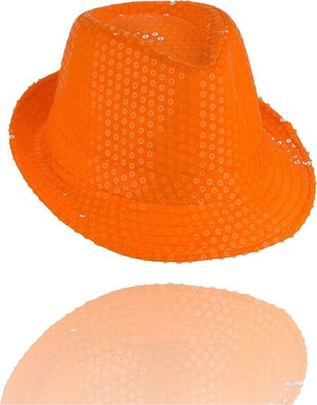 Cappello-Borsalino-Paillettes-Arancione-Spettacolo-Teatro-Paillette-Uomo-Donna