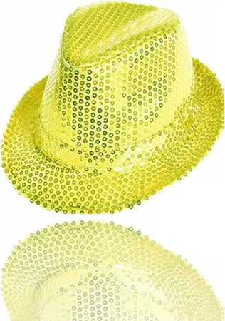 Cappello-Borsalino-Paillettes-Giallo-Spettacolo-Teatro-Paillette-Uomo-Donna